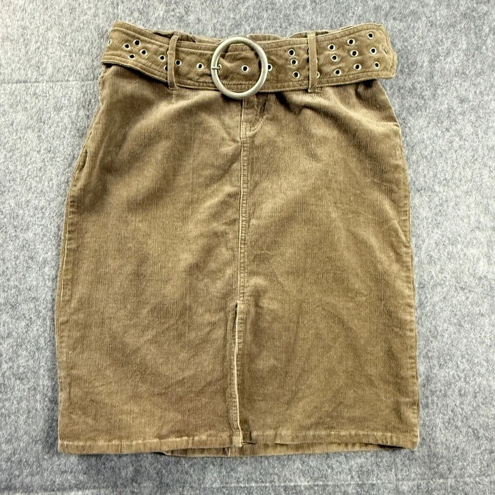Vanilla Star Women's Skirt 9 Tan Brown Corduroy Pencil Skirt w Grommet Belt Y2K